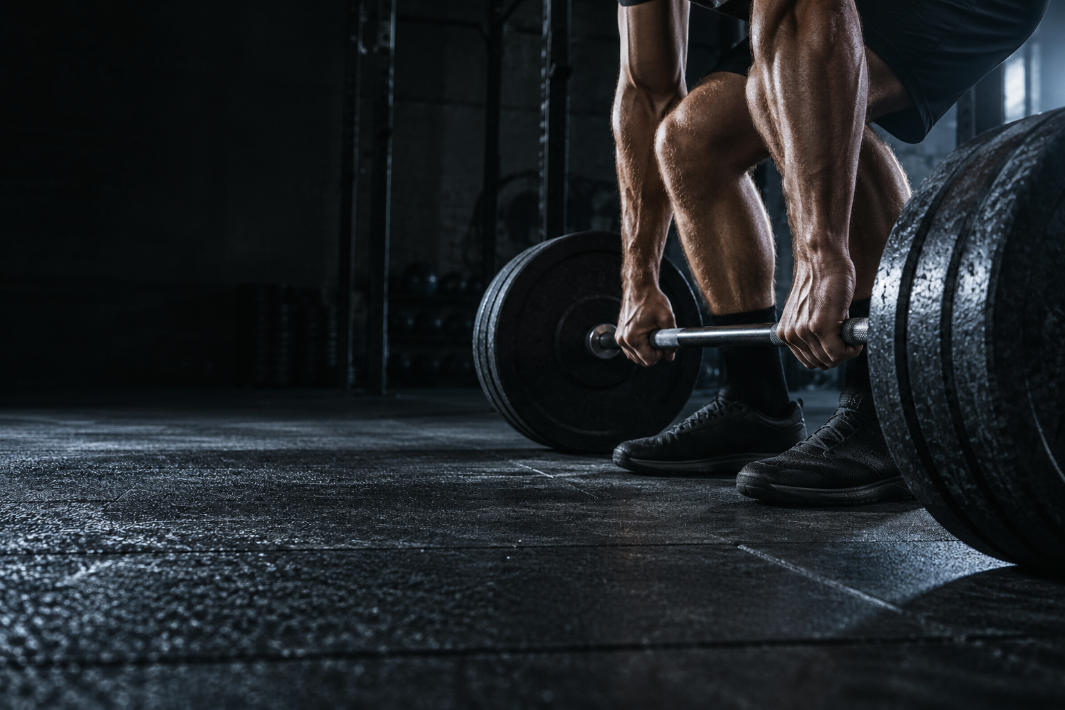 An athlete’s hands gripping a loaded barbell in a dark strength training gym
